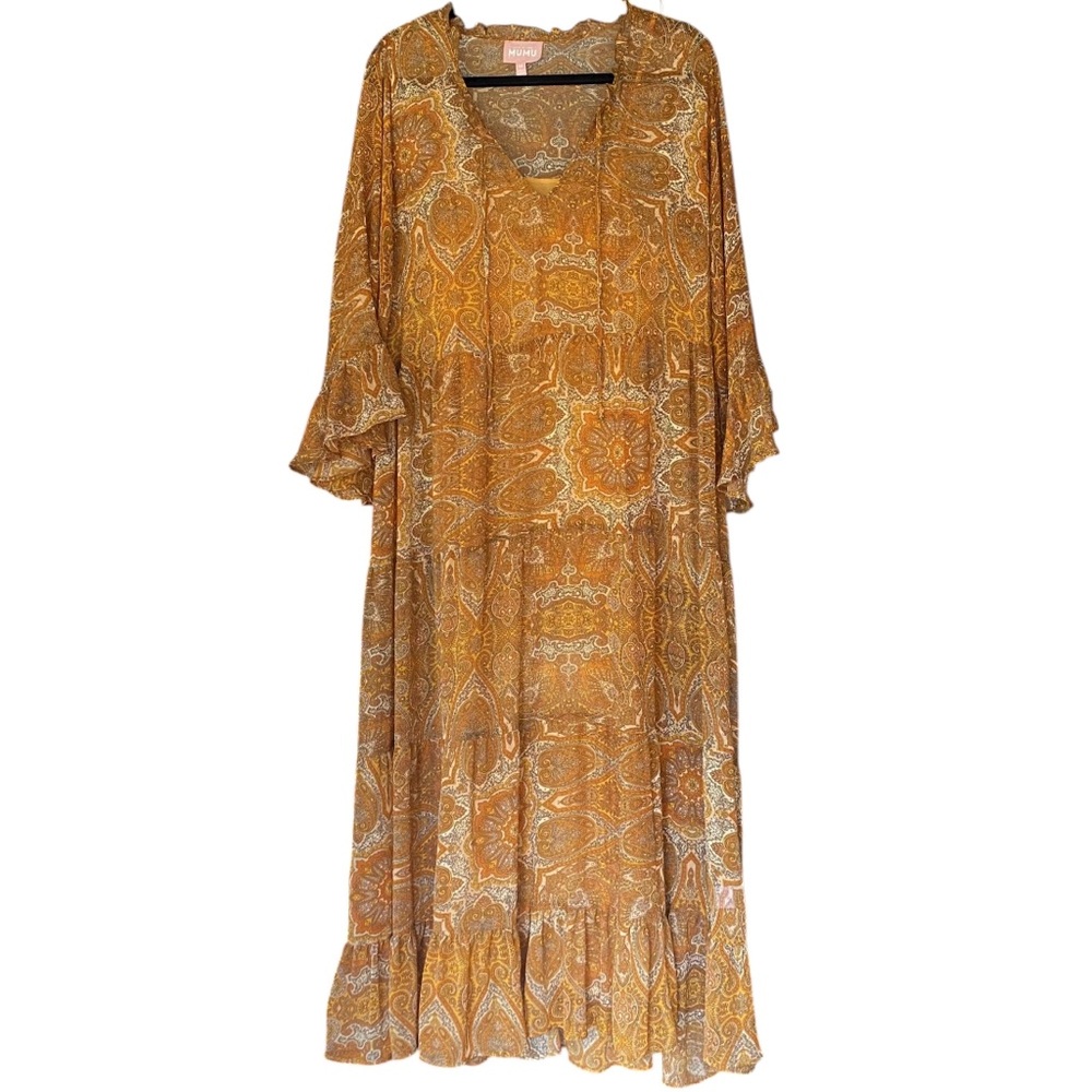 Show Me Your Mumu Golden Paisley Viola Maxi Dress Womens Size Medium Boho Ruffle
